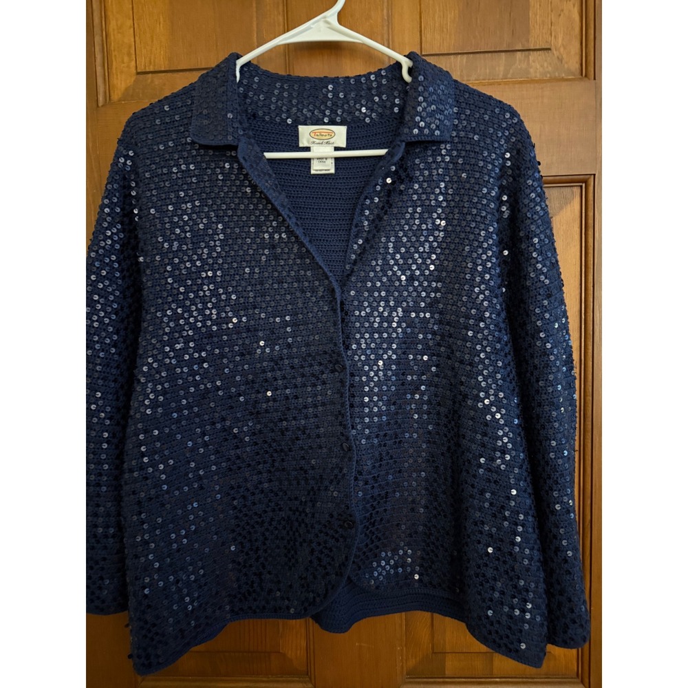 Talbots Hand-Knit Silk-Blend Jacket Women XL Blue Sequined Holiday Party Wedding
